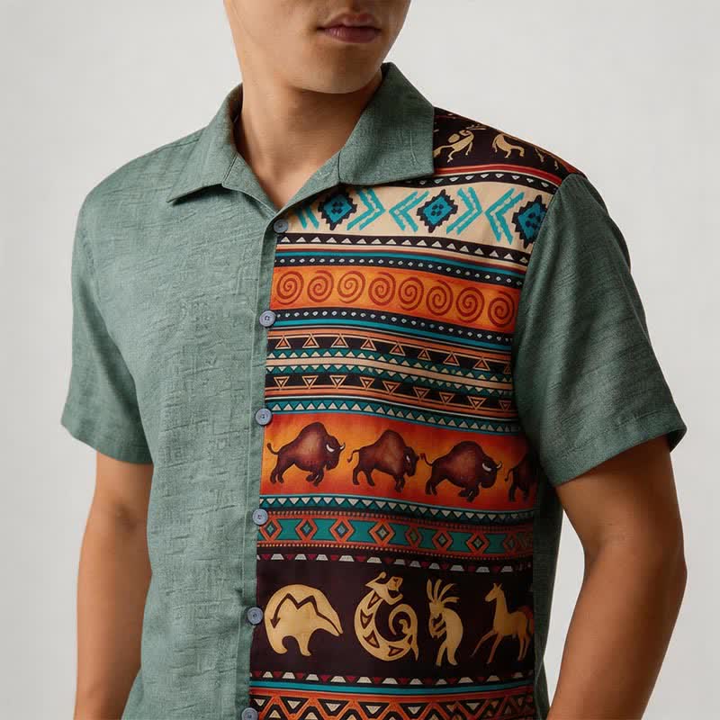 Men's Desert Petroglyph Bison Split Print Ethnic Shirt - image 3