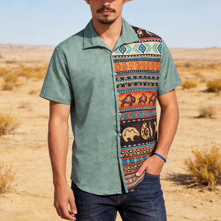Men's Desert Petroglyph Bison Split Print Ethnic Shirt - Army Green - 5XL - image 0