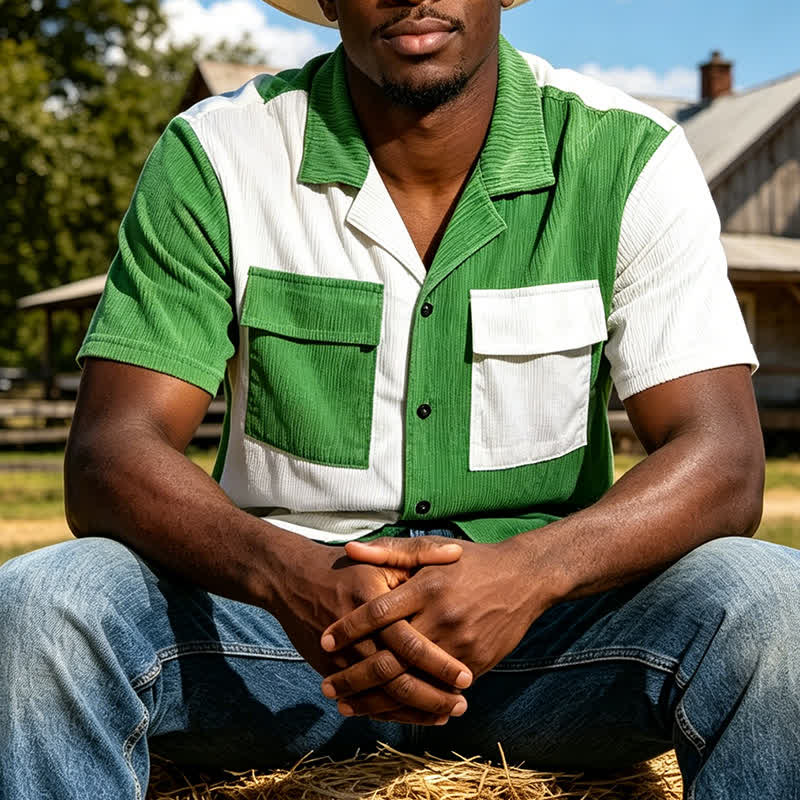 Men's Two-Tone Color Block Short Sleeve Corduroy Shirt - Green - 3XL - image 0