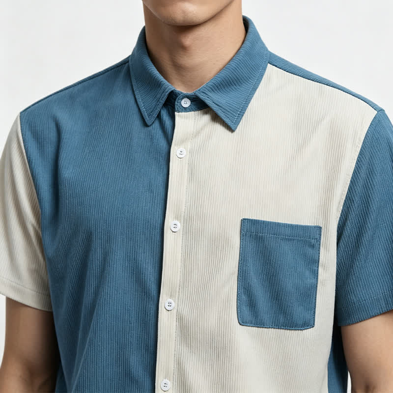 Men's Blue & White Split Color-Block Corduroy Shirt - image 1