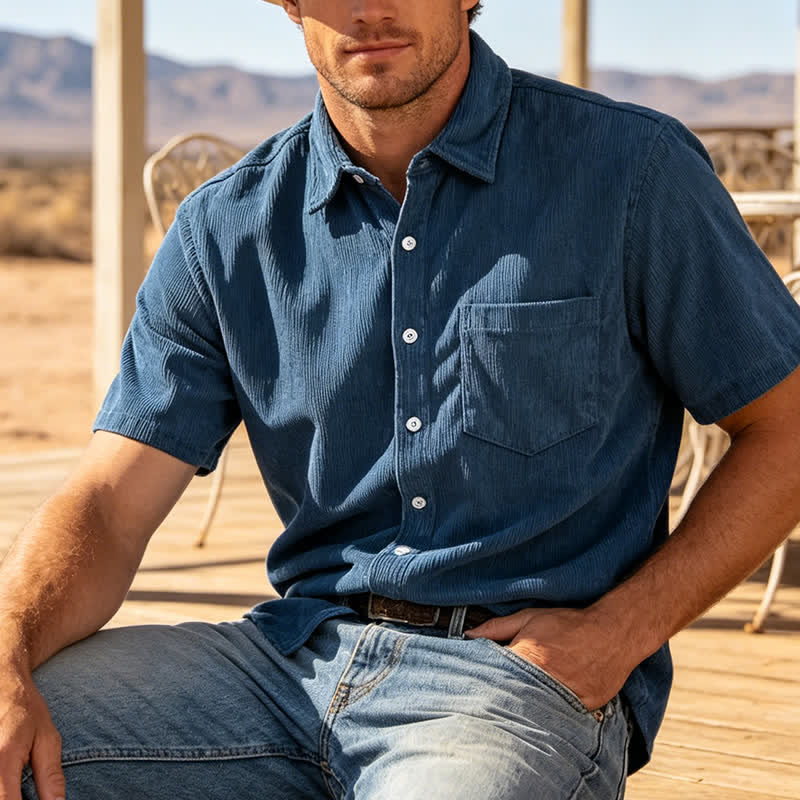Men's 90s-Inspired Relaxed Short-Sleeve Corduroy Shirt - Blue - 3XL - image 0