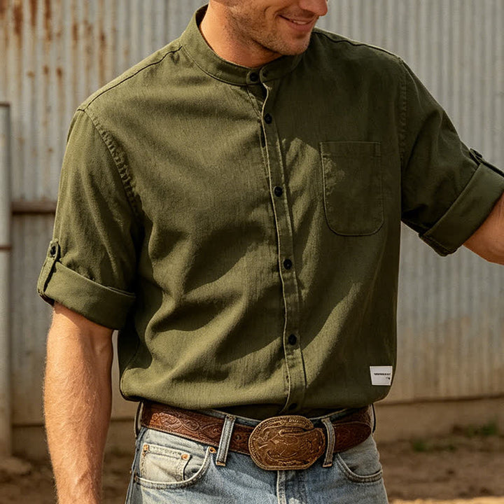 Men's Minimalist Button-Down Stand Collar Corduroy Shirt - Army Green - 5XL - image 4