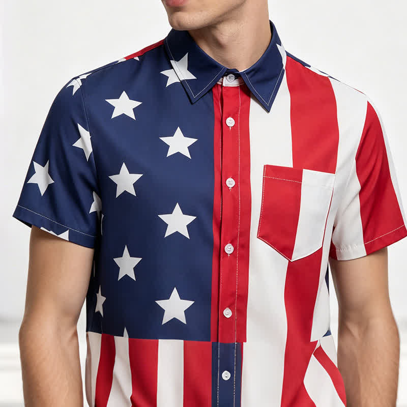 Split American Flag Star & Stripe Print Short Sleeve Shirt - image 1