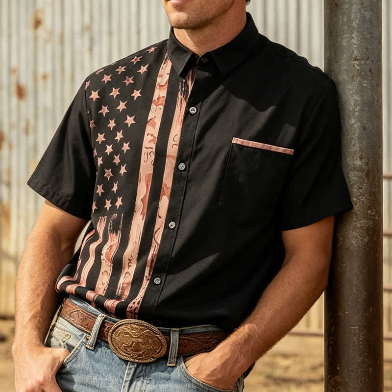 Retro Black & Tan Distressed USA Flag Short Sleeve Shirt - Black - 5XL - image 0