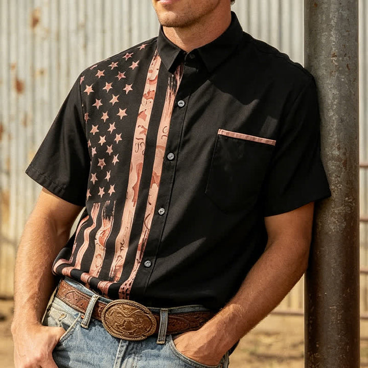 Retro Black & Tan Distressed USA Flag Short Sleeve Shirt - Black - 5XL - image 0