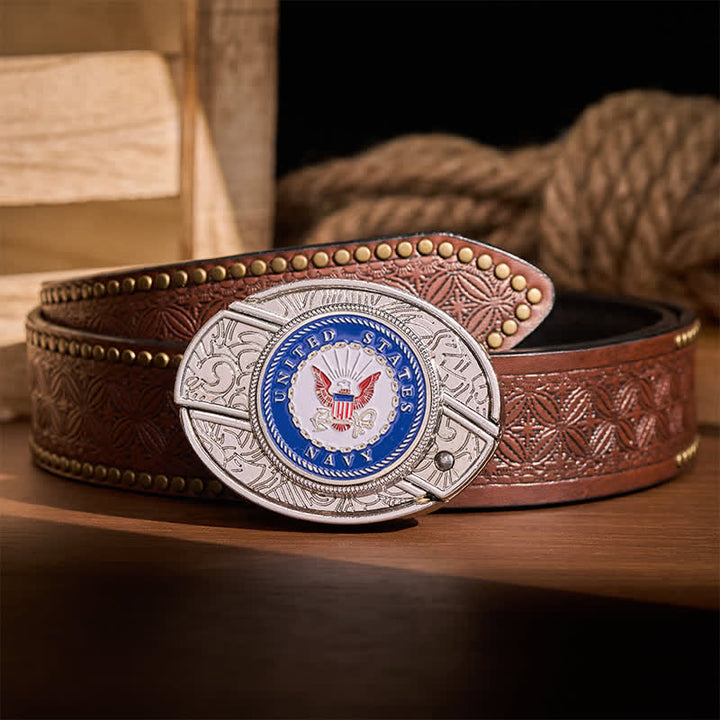 US Navy Eagle & Anchor Insignia DIY Hidden Folding Knife Buckle Leather Belt - Eagle & Anchor - Brown Rivet Belt - 42 - image 4