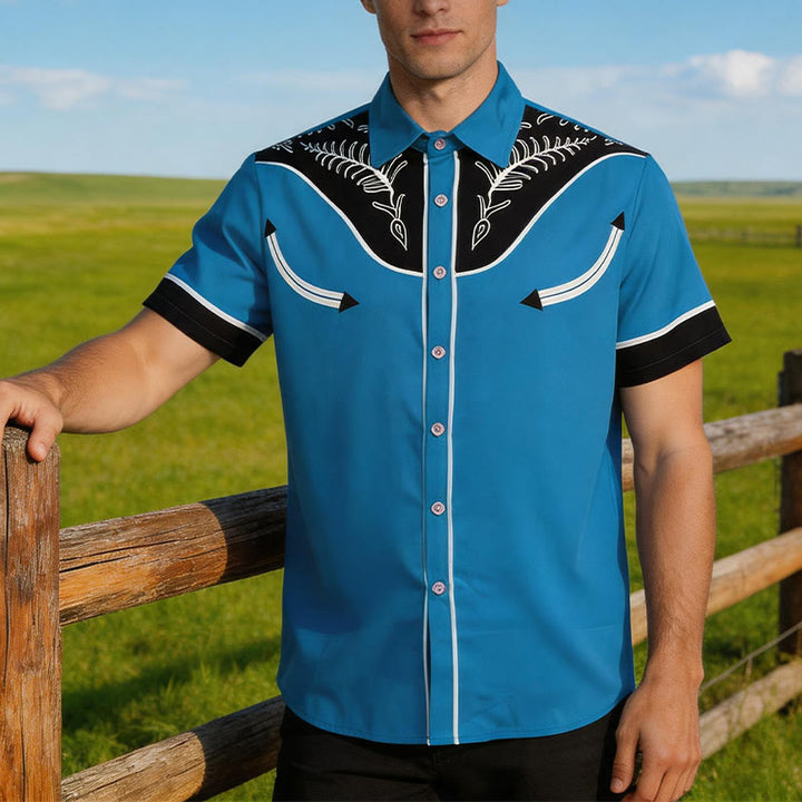 Men's Western Style Printed Short Sleeve Button Shirt - Blue - 5XL - image 6