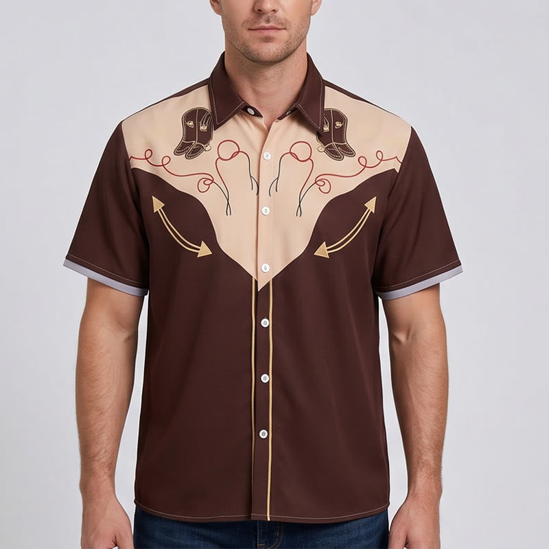 Men's Retro Western Cowboy Boot Print Short Sleeve Shirt - image 1