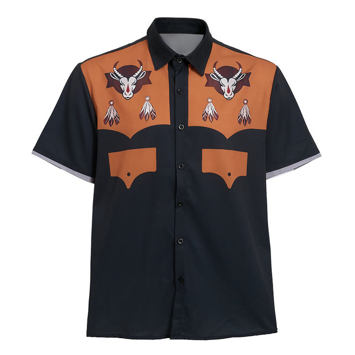Men's Western Goat Head Feather Print Short Sleeve Shirt - image 9