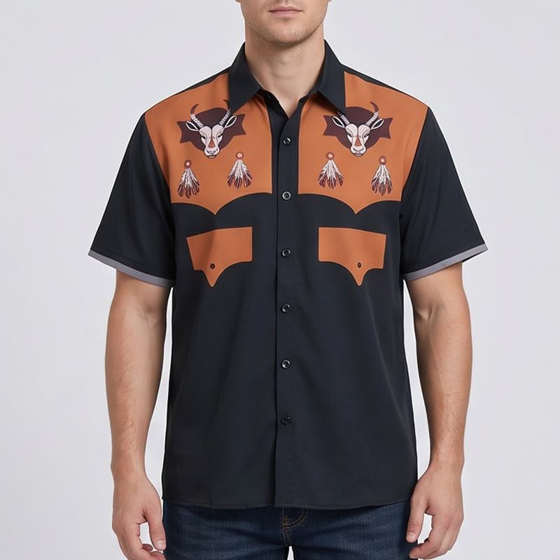 Men's Western Goat Head Feather Print Short Sleeve Shirt - image 1