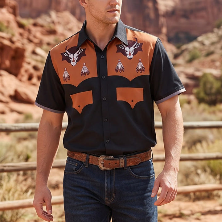 Men's Western Goat Head Feather Print Short Sleeve Shirt - Black - 5XL - image 0