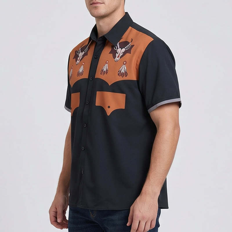 Men's Western Goat Head Feather Print Short Sleeve Shirt - image 2
