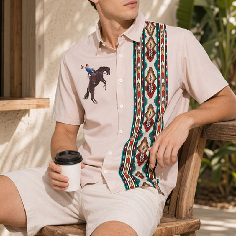 Men's Western Horse Print Casual Loose Short Sleeve Shirt - Pink - 5XL - image 0