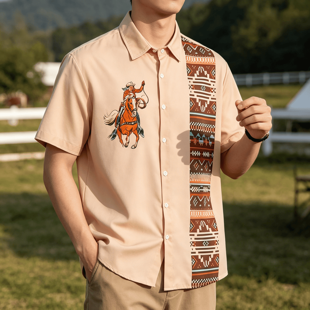 Men's Vintage Lasso Cowboy Print Casual Short Sleeve Shirt - Pink - 5XL - image 0