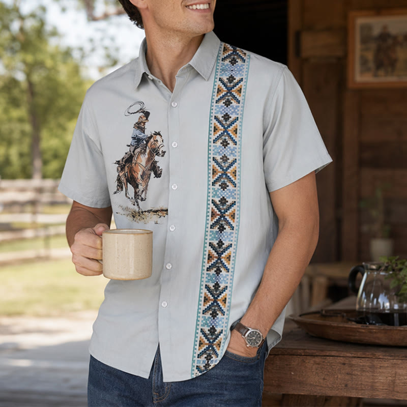Men's Green Lasso Cowboy Print Casual Short Sleeve Shirt - Light Green - 5XL - image 0