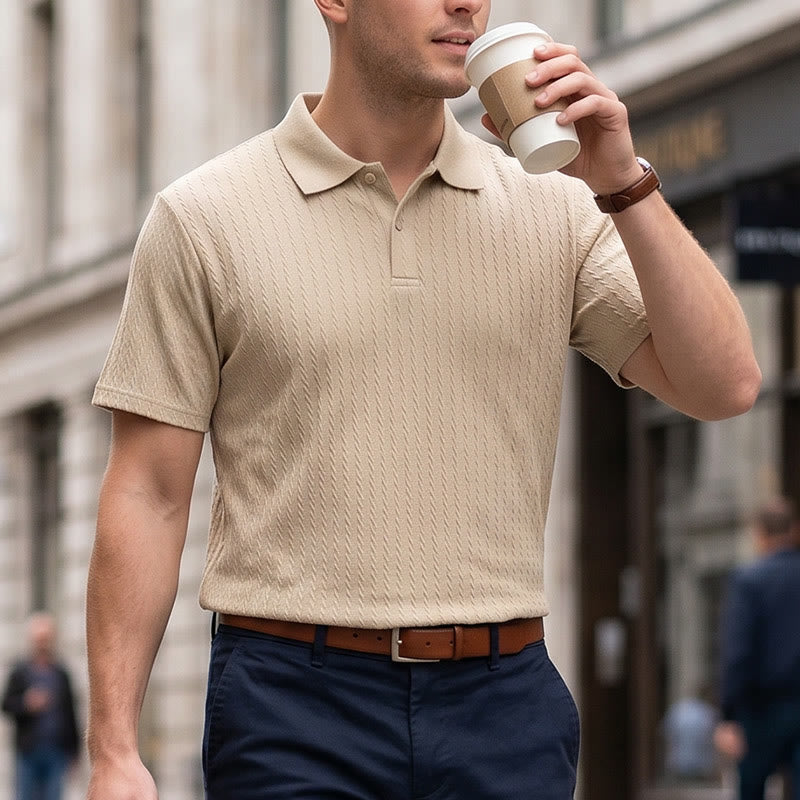 Men's Breathable Textured Knit Relaxed Fit Casual Polo Shirt - Khaki - 3XL - image 7