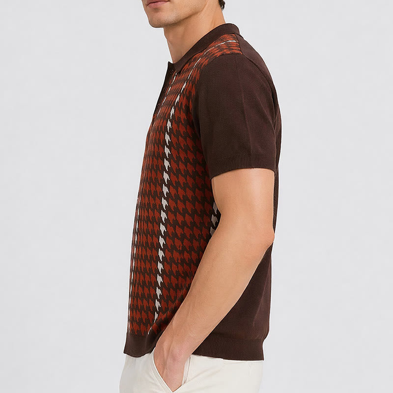 Men's Houndstooth Pattern Knit Short Sleeve Polo Shirt - image 2