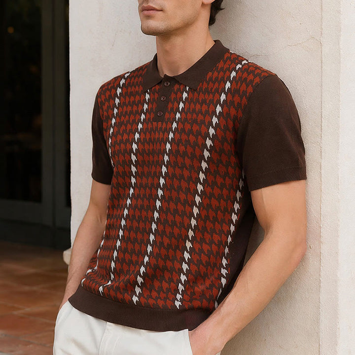 Men's Houndstooth Pattern Knit Short Sleeve Polo Shirt - Red - 3XL - image 0