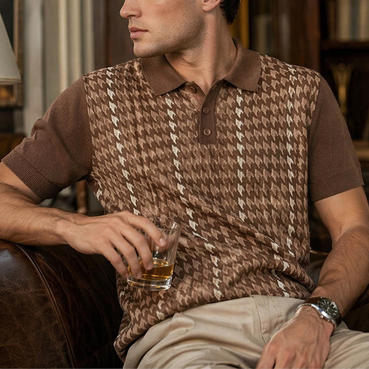 Men's Houndstooth Pattern Knit Short Sleeve Polo Shirt - Brown - 3XL - image 4