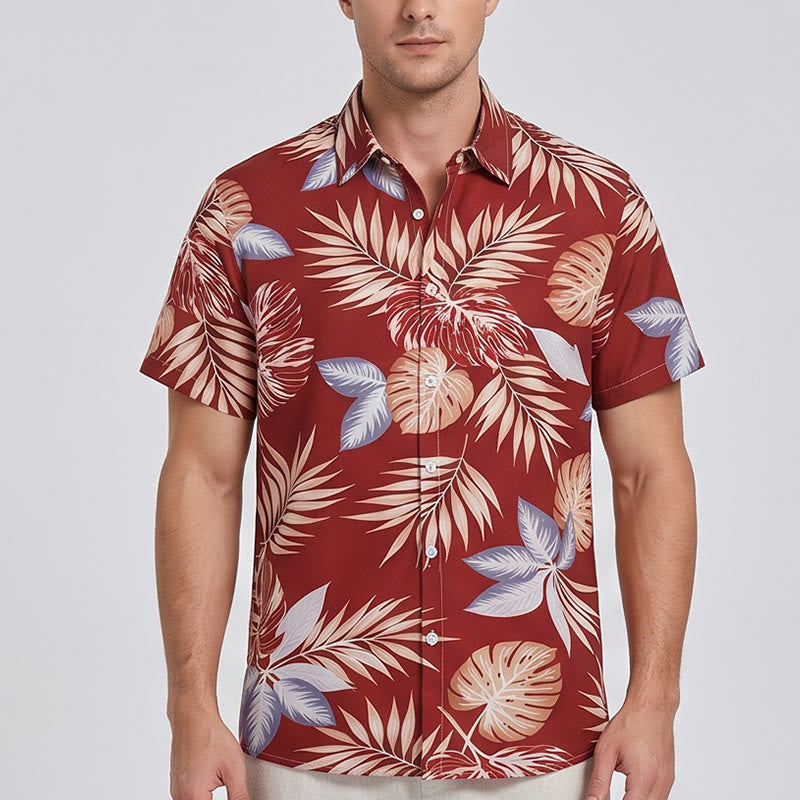 Men's Vibrant Holiday Red Tropical Leaf Print Short Sleeve Shirt - image 1