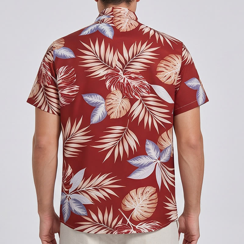 Men's Vibrant Holiday Red Tropical Leaf Print Short Sleeve Shirt - image 3