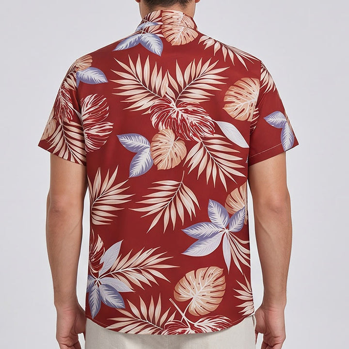 Men's Vibrant Holiday Red Tropical Leaf Print Short Sleeve Shirt - image 3