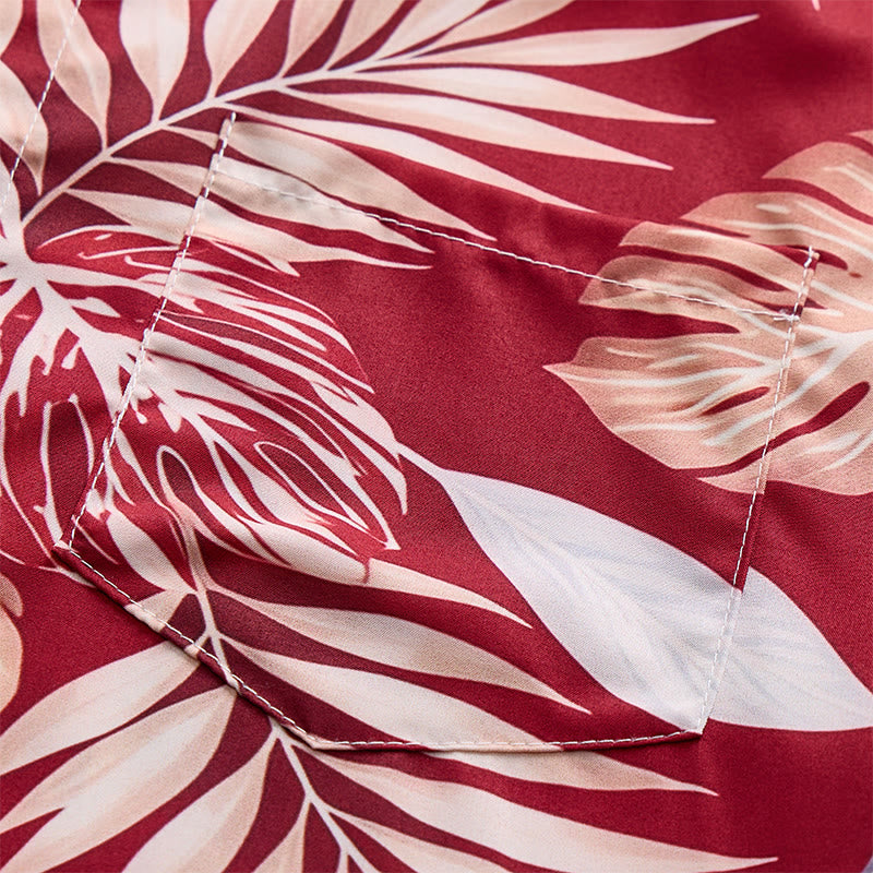 Men's Vibrant Holiday Red Tropical Leaf Print Short Sleeve Shirt - image 6