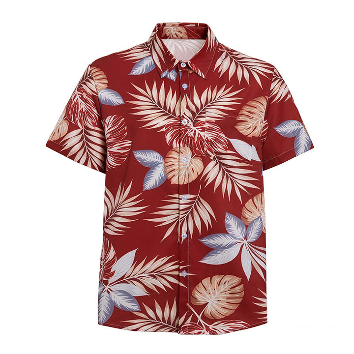 Men's Vibrant Holiday Red Tropical Leaf Print Short Sleeve Shirt - image 9
