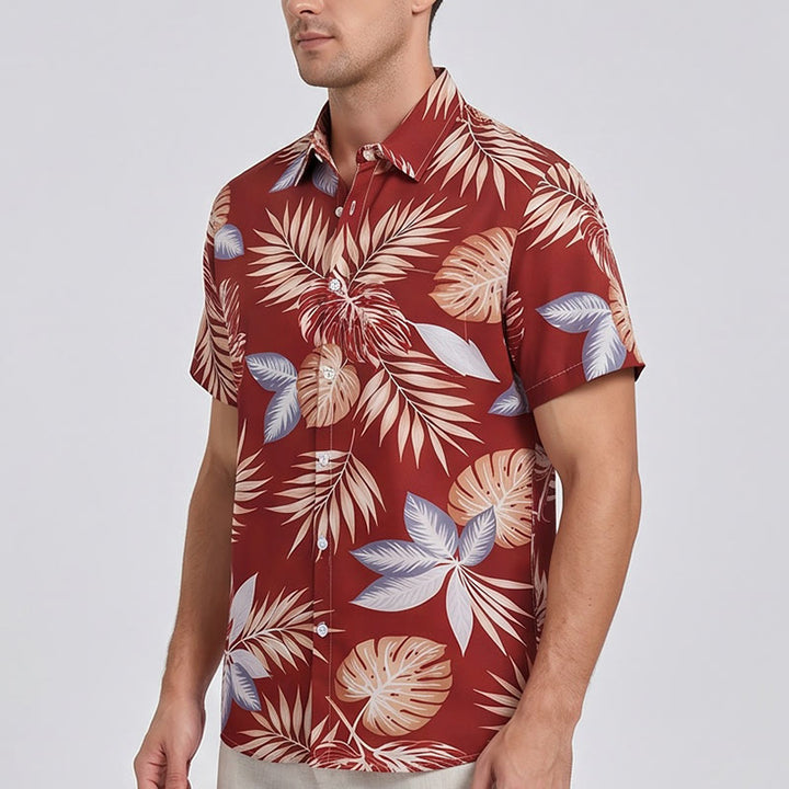 Men's Vibrant Holiday Red Tropical Leaf Print Short Sleeve Shirt - image 2