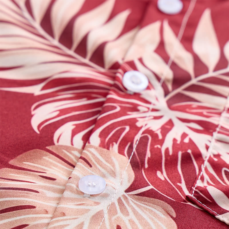 Men's Vibrant Holiday Red Tropical Leaf Print Short Sleeve Shirt - image 5