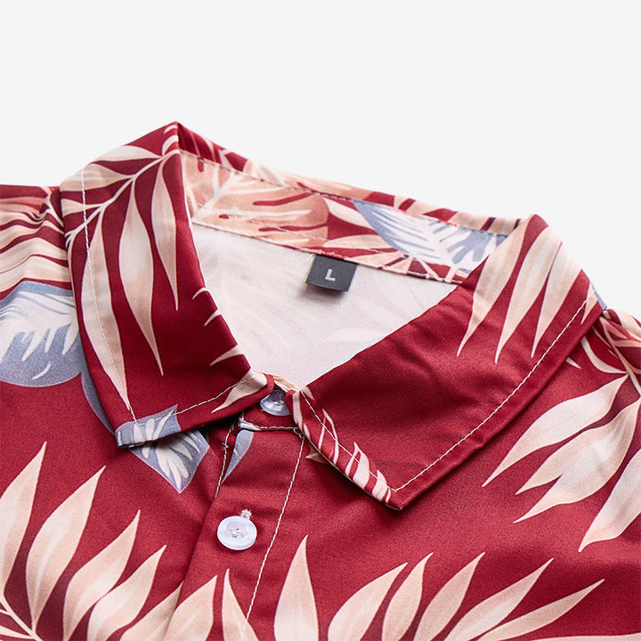 Men's Vibrant Holiday Red Tropical Leaf Print Short Sleeve Shirt - image 4