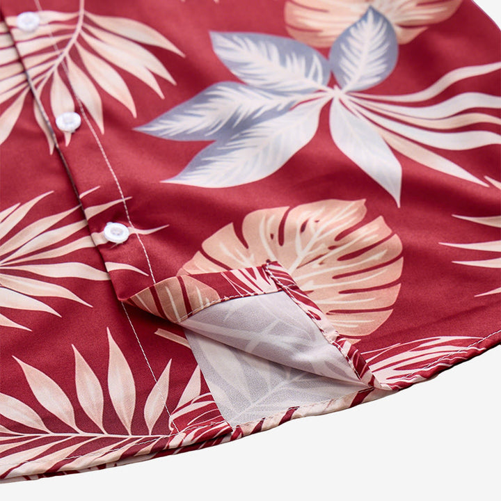 Men's Vibrant Holiday Red Tropical Leaf Print Short Sleeve Shirt - image 7