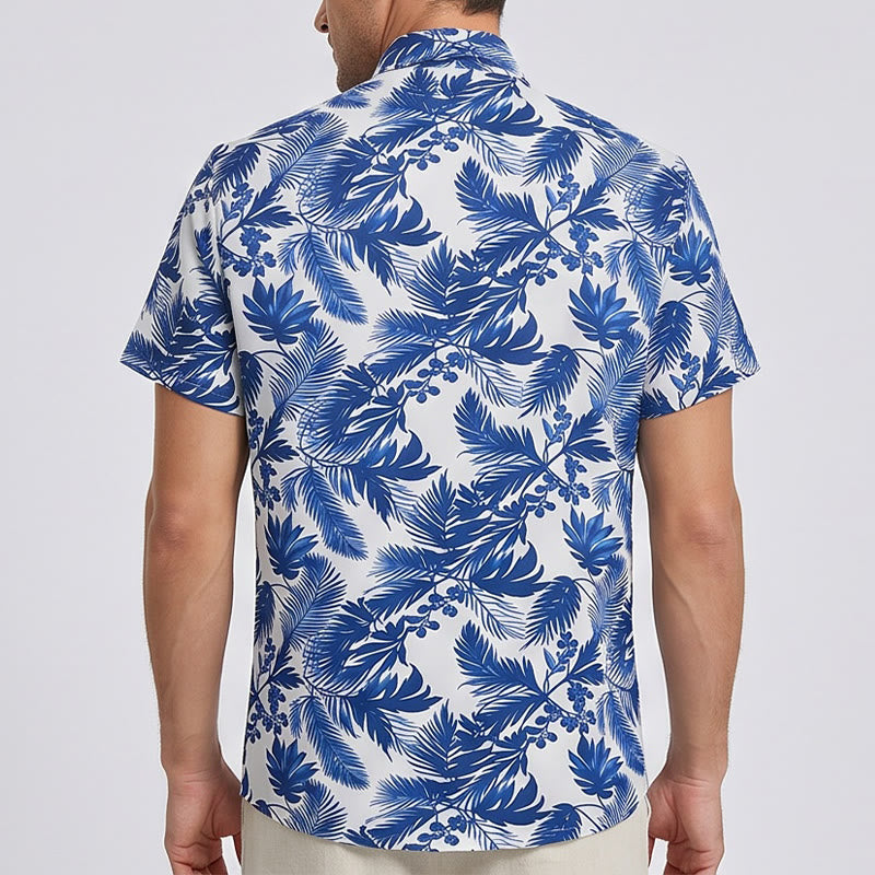 Men's Hawaiian Style Blue Leaf Print Short Sleeve Shirt - image 3