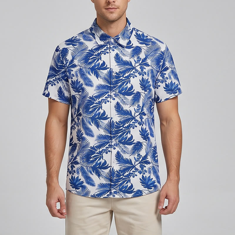 Men's Hawaiian Style Blue Leaf Print Short Sleeve Shirt - image 1