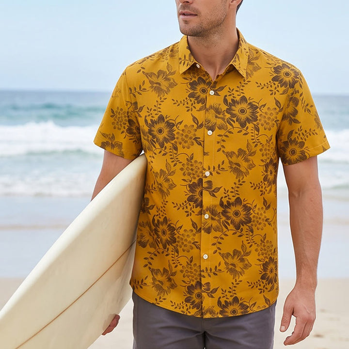 Men's Holiday Floral Print Short Sleeve Casual Shirt - Yellow - 5XL - image 5