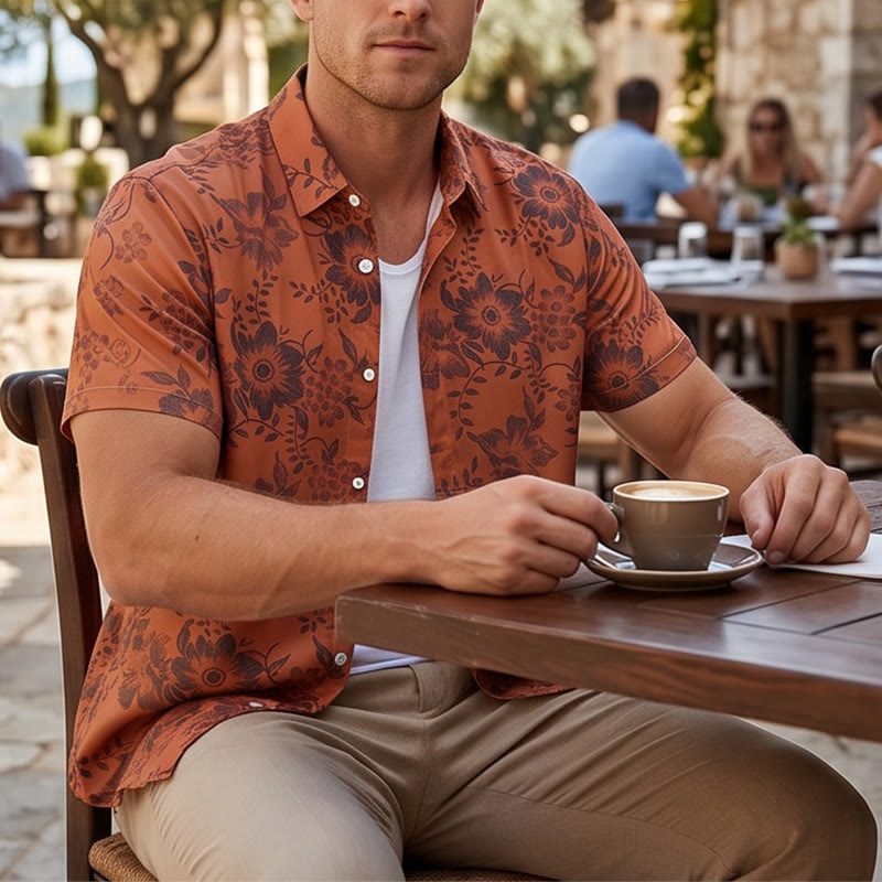 Men's Holiday Floral Print Short Sleeve Casual Shirt - Orange - 5XL - image 0