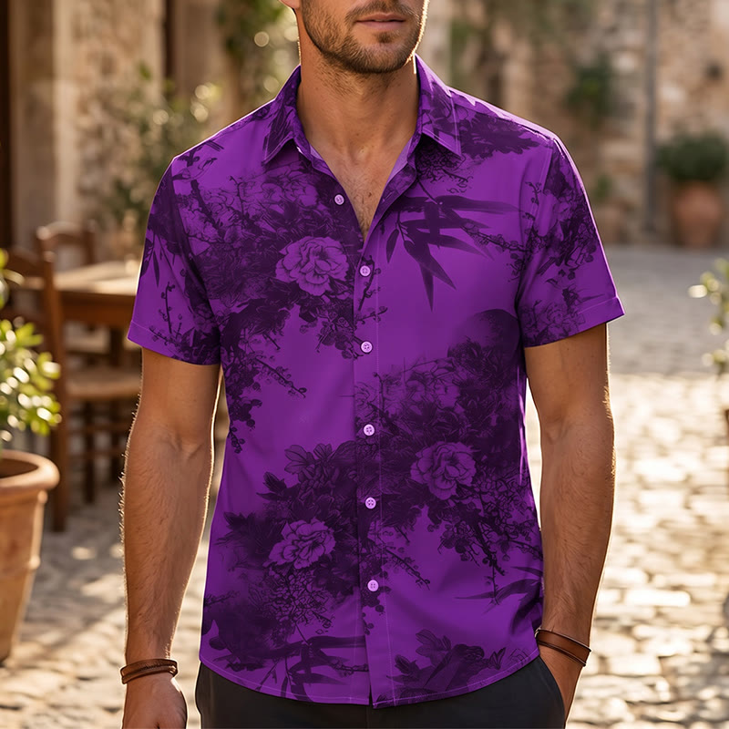 Men's Dark Floral Print Short Sleeve Holiday Shirt - Purple - 5XL - image 4