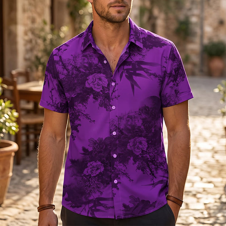 Men's Dark Floral Print Short Sleeve Holiday Shirt - Purple - 5XL - image 4