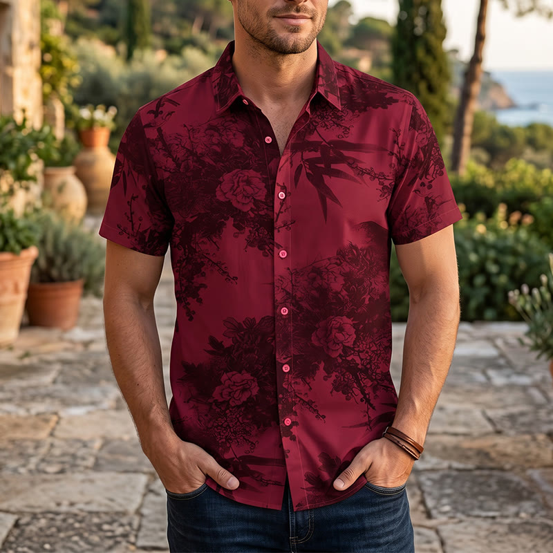 Men's Dark Floral Print Short Sleeve Holiday Shirt - Red - 5XL - image 5