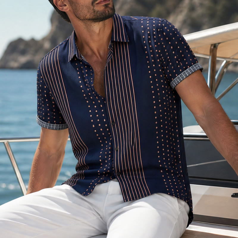 Ethnic Inspired Striped & Polka Dot Short Sleeves Shirt - Navy Blue - 5XL - image 4