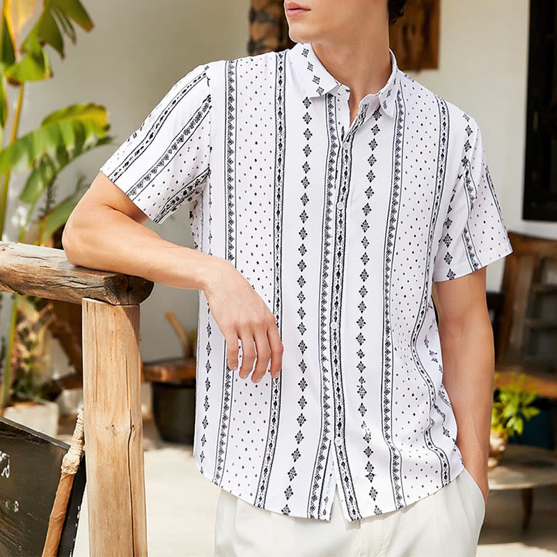 White Bohemian-Inspired Ethnic Pattern Short Sleeves Shirt - White - 5XL - image 0