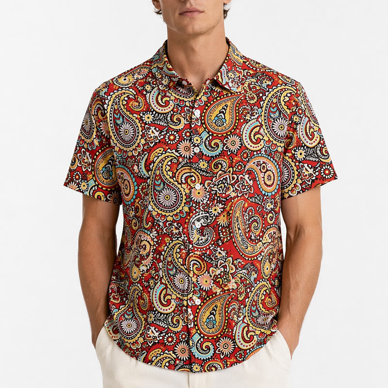 Funky Red Paisley Print Short Sleeves Camp Shirt - image 1
