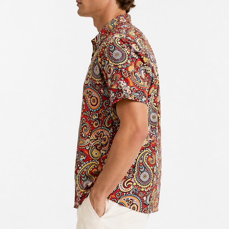 Funky Red Paisley Print Short Sleeves Camp Shirt - image 2