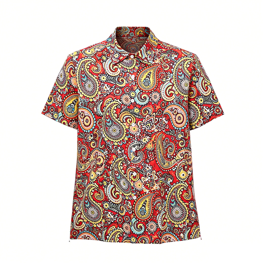Funky Red Paisley Print Short Sleeves Camp Shirt - image 7