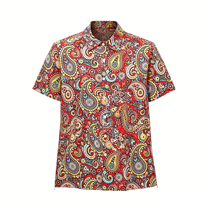 Funky Red Paisley Print Short Sleeves Camp Shirt - image 7
