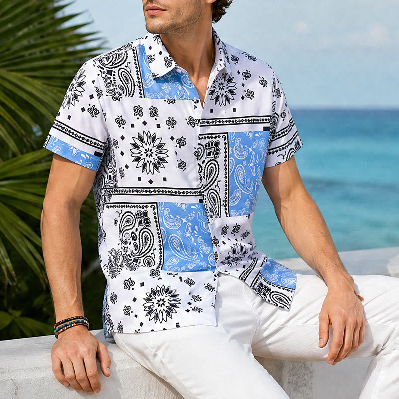 Blue & White Bandana Patchwork Paisley Print Shirt - Blue & White - 5XL - image 0