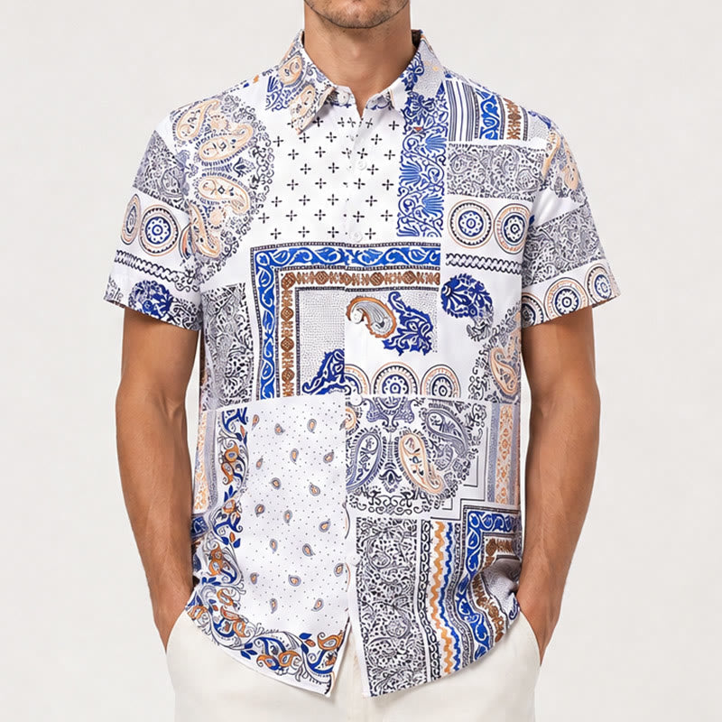 Blue & Orange Paisley & Geometric Patchwork Print Shirt - image 1