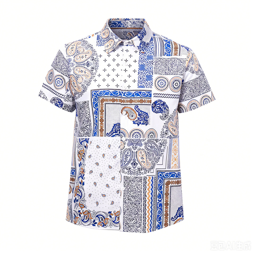 Blue & Orange Paisley & Geometric Patchwork Print Shirt - image 8