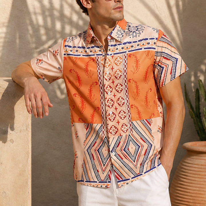 Earth-Tone Floral & Geometric Print Summer Shirt - Earth-Tone - 5XL - image 0