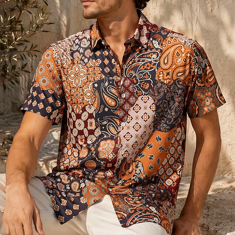 Deep Brown Patchwork Paisley Print Casual Shirt - Deep Brown - 5XL - image 0
